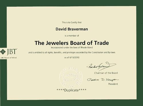 David Braverman Jewelers Board of Trade certificate 2010