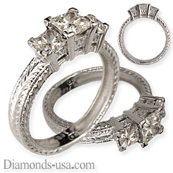 Three stones princess ring, hand engraved