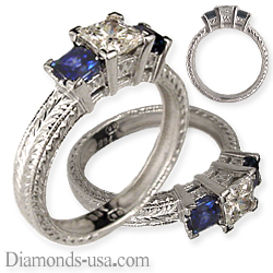 Hand engraved engagement ring with Sapphires