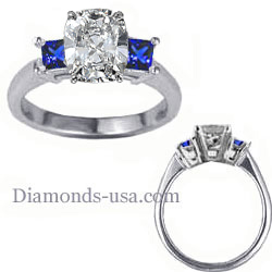 Engagement ring with side Blue Princess Sapphires