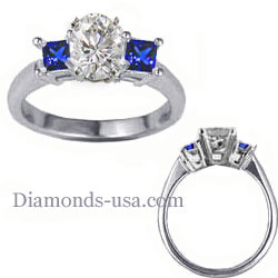 Engagement ring with side Blue Princess Sapphires
