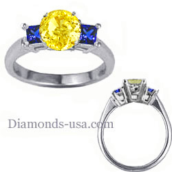 Engagement ring with side Blue Princess Sapphires