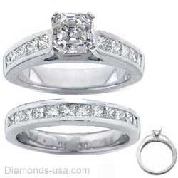 Bridal rings set, 2 carats Princess side diamonds