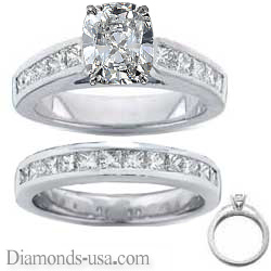 Bridal rings set, 2 carats Princess side diamonds