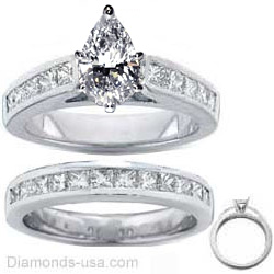 Bridal rings set, 2 carats Princess side diamonds