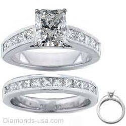 Bridal rings set, 2 carats Princess side diamonds