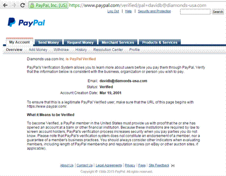 Diamonds-USA is PayPal page, verified since 2001