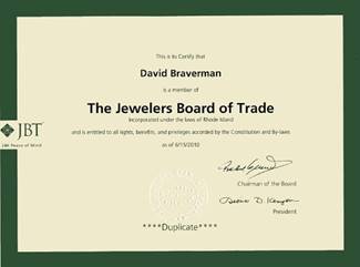 David Braverman Jewelers Board of Trade membership certficate