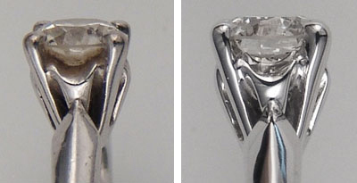 La misma vista de perfil de anillo de diamante, antes y después de la limpieza