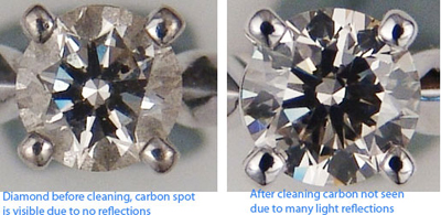 A la izquierda se coloca el diamante con la suciedad acumulada, justo después de la limpieza