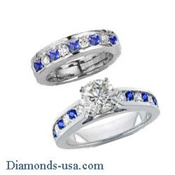 Foto Juego de anillos nupciales con diamantes redondos y zafiros de