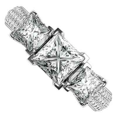 Three Princess diamonds engagement ring encrusted with diamonds