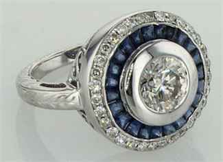 Vintage halo ring with diamonds and Sapphires around a center diamond