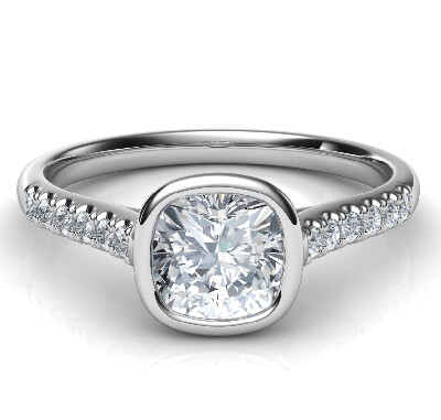 Delicate Low Profile bezel set engagement ring for Cushions with side diamonds-Amanda