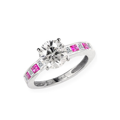 Diamonds pink Sapphires engagement ring Set with 6 Princess cut diamonds 