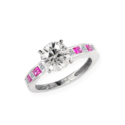 Diamonds pink Sapphires engagement ring Set with 6 Princess cut diamonds