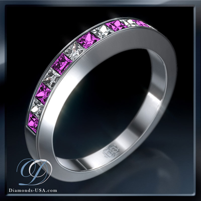 0.30 carats Princess diamonds and Pink Sapphires weddind band