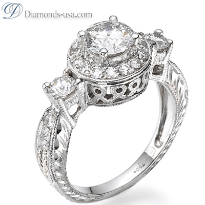 1.02 Carats, Round, Antique style hand engraved engagement ring