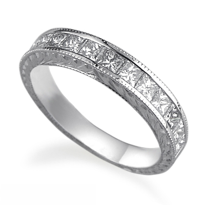1.25Cts Hand engraved Princess diamonds wedding band.