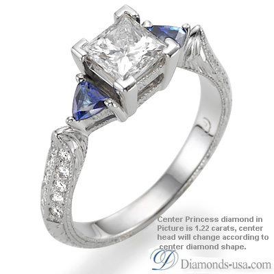 diamond ring Engagement ring with center Princess diamonds and Sapphires