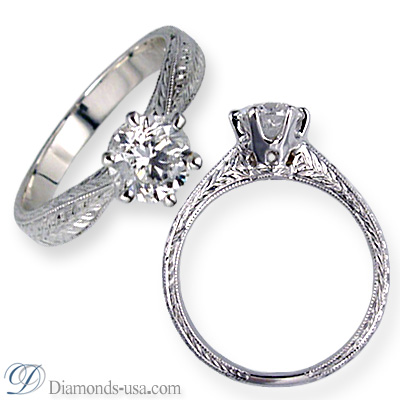 0.9 Carats, Round, Antique style hand engraved engagement ring