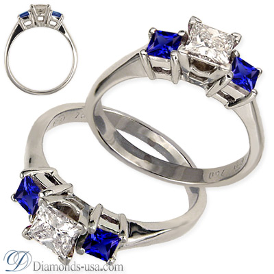 Engagement ring with side Blue Princess Sapphires