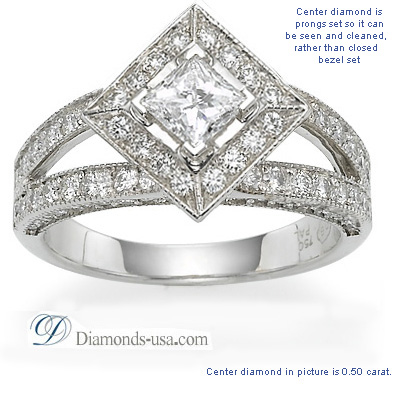 0.82 Carats, Princess, Engagement ring with side stones settings
