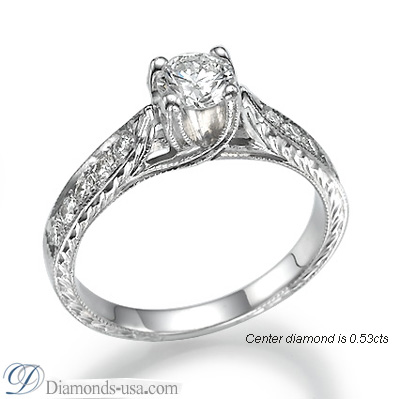 Criss cross hand engraved engagement ring