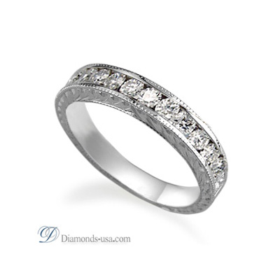 Hand Engraved wedding or anniversary band with 0.35 carats Round diamonds