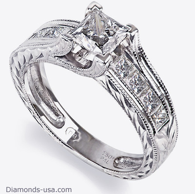 Hand Engraved Princess engagement ring settings