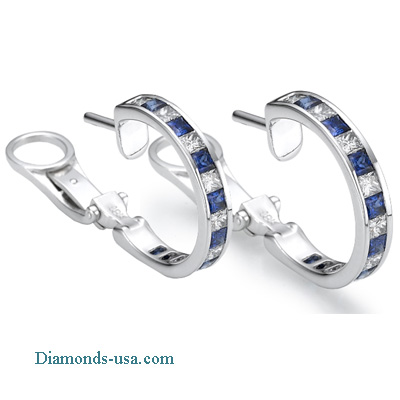 3.10 carats Princess diamonds and Blue sapphires hoop earring studs