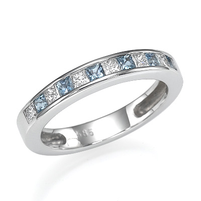 Wedding or anniversary Princess diamonds and Aquamarines ring