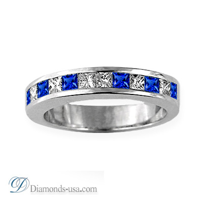 0.30 carats Princess diamonds and Royal Blue Sapphires weddind band