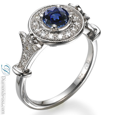 1.30 carat Blue Sapphire and diamonds engagement ring, Victorian Style,