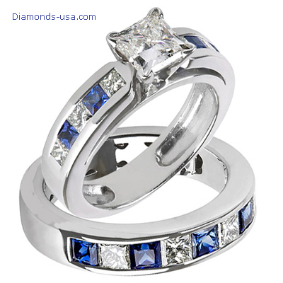 Cheap Tungsten Wedding Bands on Gold Rhodium Dipped Bridal Rings Set  Princess Diamonds   Sapphires