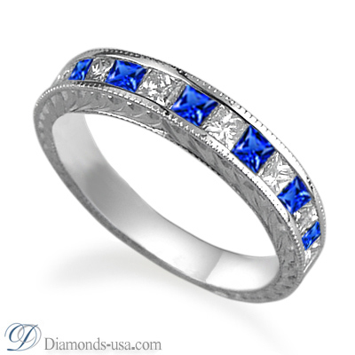 Blue Sapphires and diamond Princess antique style wedding or anniversary band
