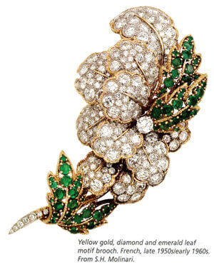 Diamonds and green emeralds leaf motif brooch
