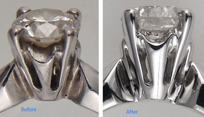 same diamond ring side view, before and after cleaning