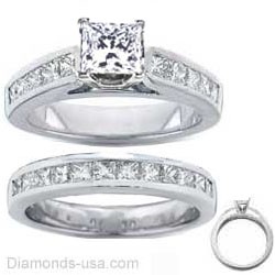 Bridal rings set, 2 carats Princess side diamonds