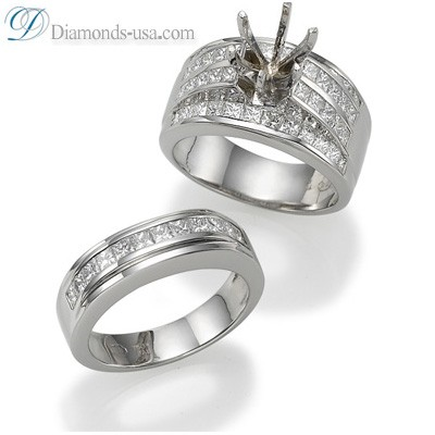 Juego de anillos nupciales, diamantes Princesa laterales de 2,60 quilates