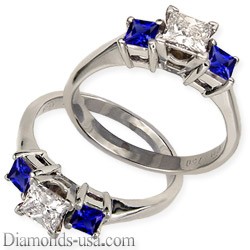 Engagement ring with side Blue Princess Sapphires