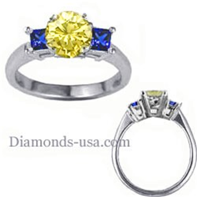 Engagement ring with side Blue Princess Sapphires