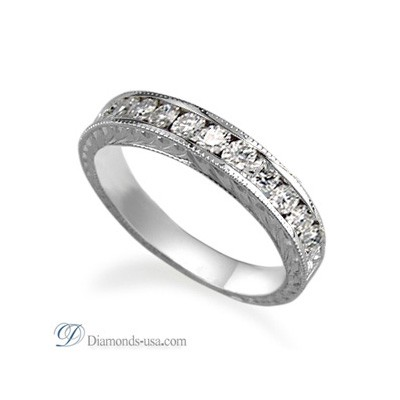 Hand Engraved wedding rings with round diamonds