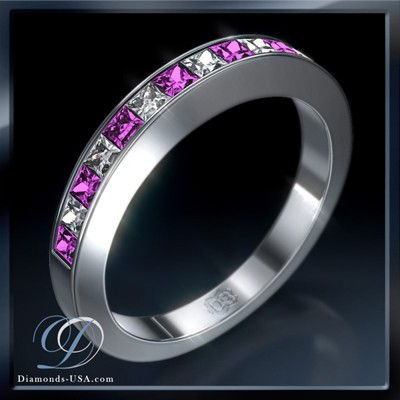 Anillo de boda con diamantes Princesa y zafiros rosados