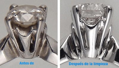 Vista lateral del mismo anillo de diamantes, antes y después de la limpieza