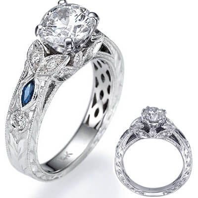 Hand engraved, vintage designers Engagement ring with blue Sapphires