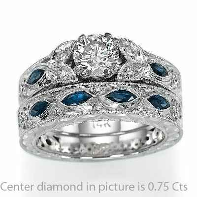 Hand engraved, vintage designers Engagement ring with blue Sapphires