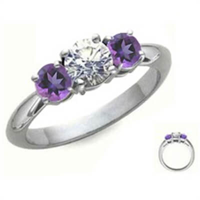 Amethyst sides, three stones engagement ring