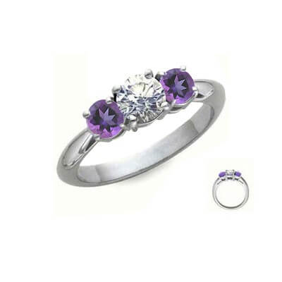 Amethyst sides, three stones engagement ring