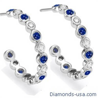 Diamonds and Blue Ceylon Sapphires Hoop Earrings